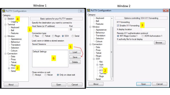 Mac : Terminal : ssh your_username@bbcsrv3.biotech.uconn.edu Windows : Putty Open Putty it will open window1. 1. Provide host name e.g. ssh your_username@bbcsrv3.biotech.uconn.eduexpand SSH tab and select X11 (shown in window2) 2.