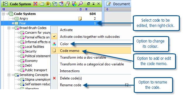 Figure 9.2.1 Context menu on a code name in the Code System TIP: An alternative short-cut to rename a code that has already been selected in the Code System window is to use the function key F2.