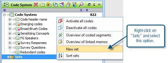 MAXQDA11 and Case Study B Create short-cut groupings of codes Code Sets You may have noticed the heading Sets at the bottom of the list in the Code System window (and a similar item in the Document