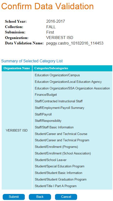 3. You are now on the Validations tab. Select which campuses, categories, and subcategories of data you want to validate: a. In the Categories drop down, select All Categories. b.