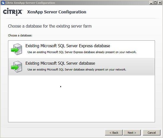 Figure 13: Choosing the SQL server to use. Next step is providing the information of the SQL server and the name of the database used for the XenApp Farm on this SQL server.