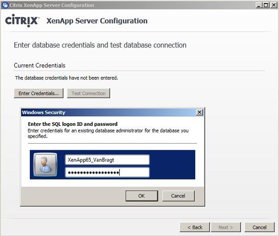 Figure 15: Providing SQL logon credentials to access the XenApp datastore. Just like installing the first server you need to specify if you would like to enable or disable shadowing.