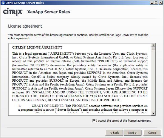 Figure 6: Accepting the license agreement Depending of the selected edition of XenApp, you can choose which components you would like to install.