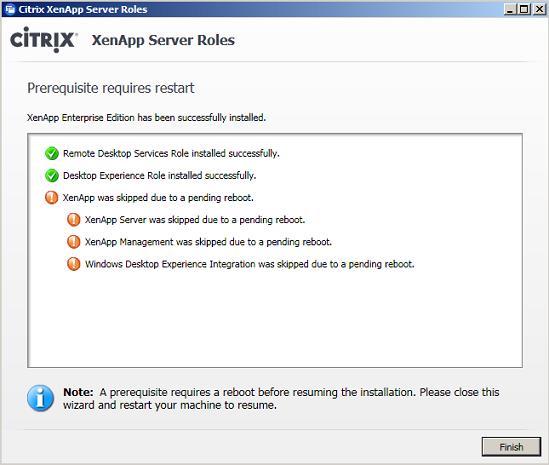 Figure 11: A reboot is required to continue with the installation. Figure 12: Reboot the server using the XenApp Server Role Manager.