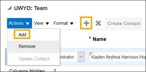 In the UWYO: Team section you may add additional participants in the contract by clicking the plus button (+) or clicking on Actions > Add.