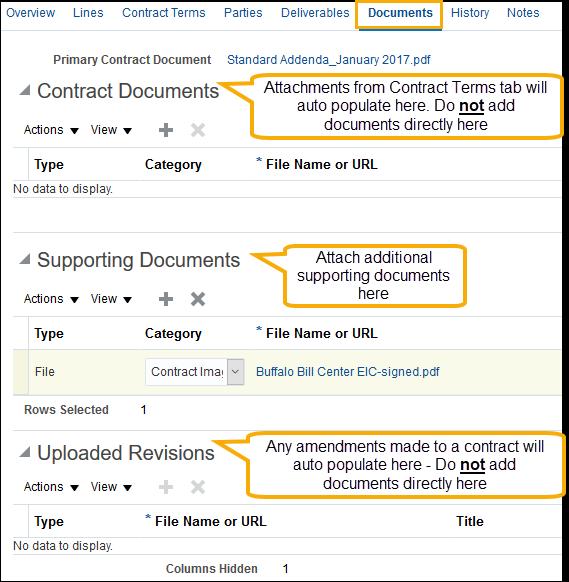 o Documents Review or upload any additional contract documents, supporting information or revision