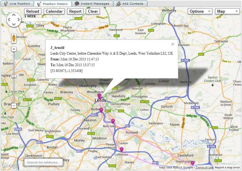 12 HISTORIC GPS Historic GPS data is stored for 30 days, to retrieve user(s) data select them from the contact list and click the GPS history button.