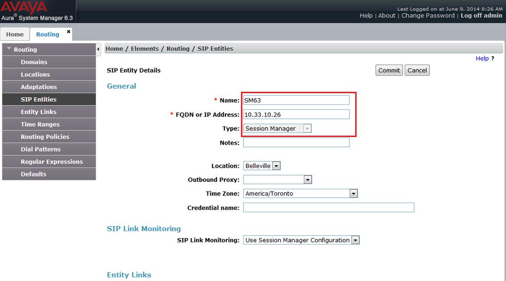 6.3. Add SIP Entities In the sample configuration, a SIP Entity is added for Session Manager, Communication Server 1000, and Nuance Speech Attendant. 6.3.1. Session Manager SIP Entity A SIP Entity must be added for Session Manager.