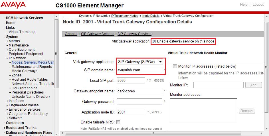 Scroll down under the Applications, click on the Gateway (SIPGw) link, the Virtual Trunk Gateway Configuration Details page will appear in the next 2 screen shots.