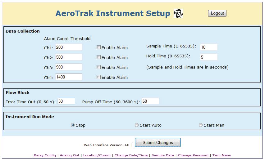 Figure 4. Flow Block Configuration web interface screenshot and AeroTrak Remote with Pump with a capped off inlet (right).