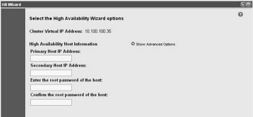 The Select the High Availability Wizard Options window is displayed, automatically displaying the Cluster Virtual IP