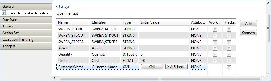 3. Click Add, and select XML as type for the UDA. In the Properties view, the Initial Value column displays the XML and XML Schema buttons.