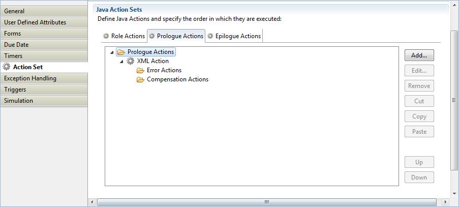 The following figure shows the Action Set tab for a process definition. Figure 11.