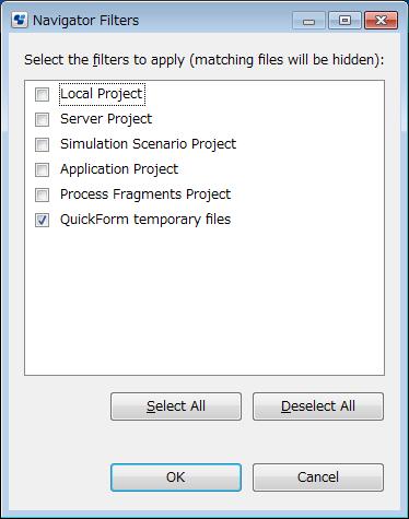 Filtering Projects You can filter the projects displayed in the Navigator view by selecting Filters from the Menu icon in the Navigator toolbar. The following dialog is opened: Figure 2.