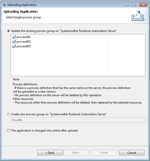 4. In the Uploading Application dialog, click Next. You can choose to update a project that already exists on the server, or create a new project: Figure 3.