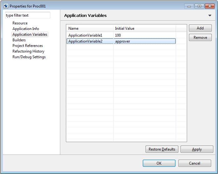 4. Click the Add button to add Application Variables. An example of defining application variables is shown below: Figure 3.