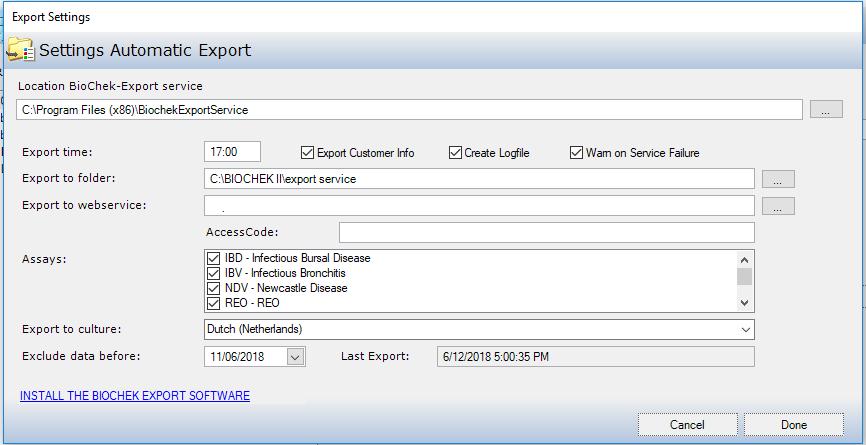 6. Location BioChek-Export service: Define the location where the export service is installed. 7. Export time: Define at