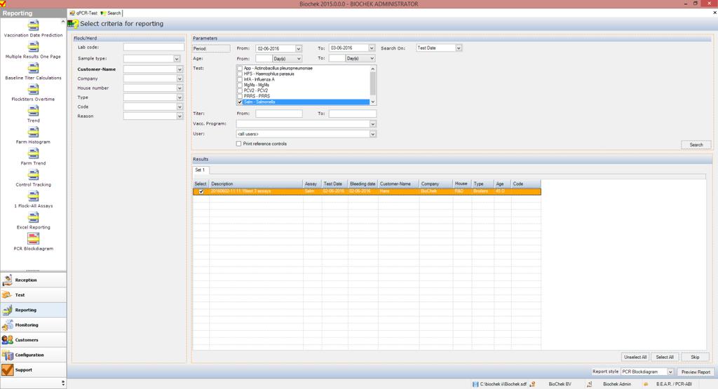 Printing PCR report 1. In order to print a report click on Reporting option at the bottom left of the screen. 2. In the top left of the screen reporting options will be visible.