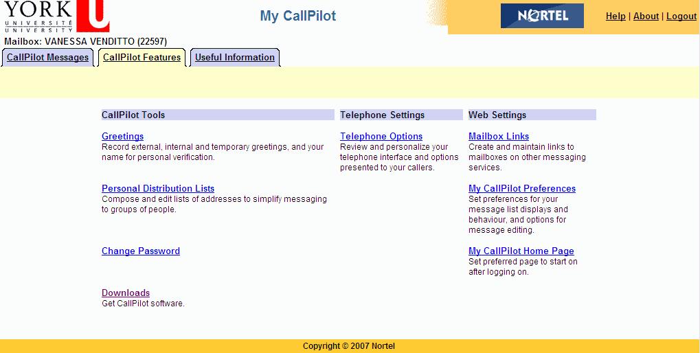 CallPilot Features Tab Click the CallPilot Features tab to change the settings for your CallPilot features and telephone options,
