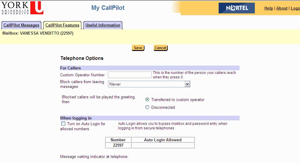 Changing your telephone options Custom Operator Number CallPilot offers your callers the option of leaving a message or speaking to one of your assistants or colleagues by pressing 0.