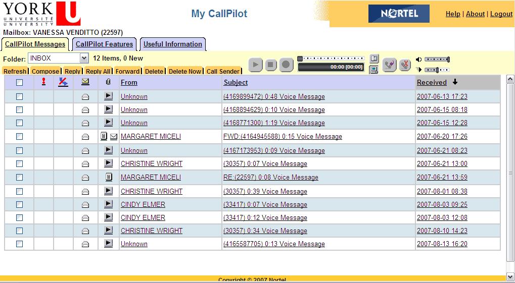 CallPilot Message Tab To access your CallPilot messages, click the CallPilot Messages tab.