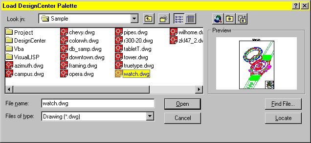 To load the palette using the Load DesignCenter Palette dialog box 1 In AutoCAD DesignCenter, choose the Load button.