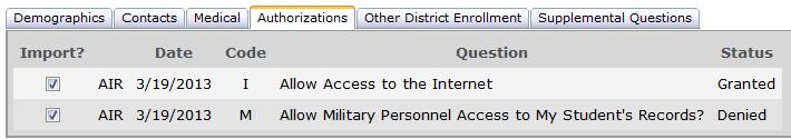 Authorizations The Authorizations tab will display any Authorization information entered by the parent.