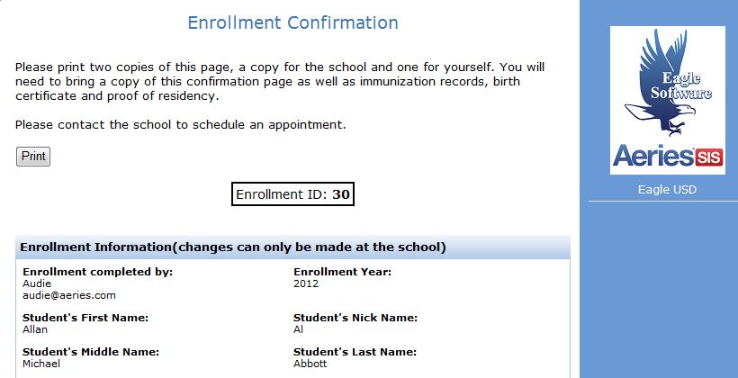 Clicking the mouse on the View Enr link will display the Enrollment Confirmation form that the parent completed online.