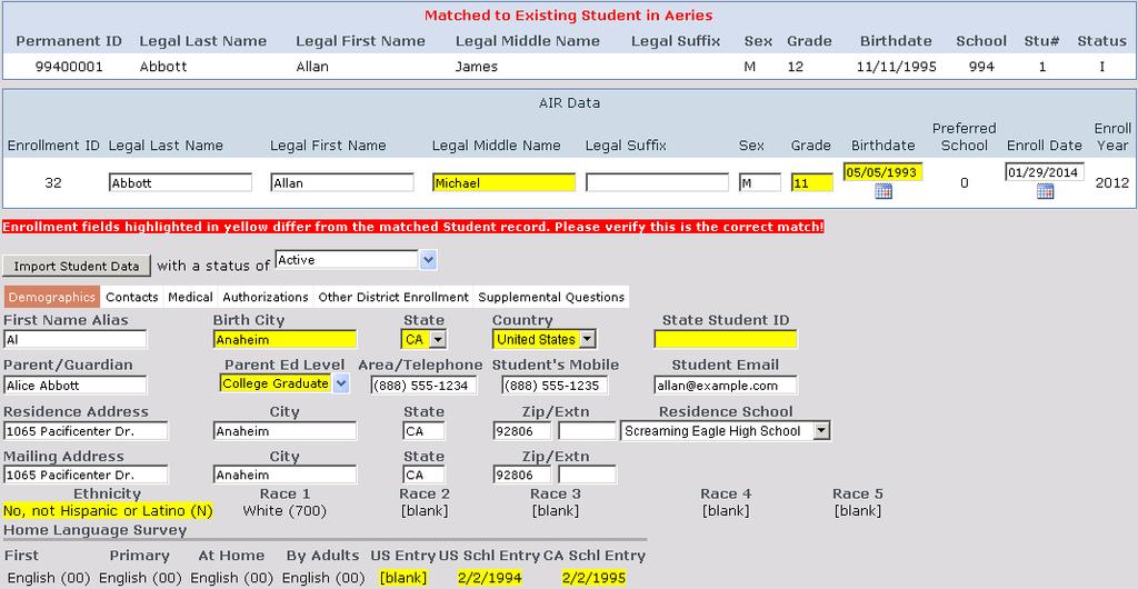 When matching an existing student record to an Aeries Enrollment record, The Aeries Enrollment Details form will highlight fields in yellow that are different between the Aeries Enrollment record and