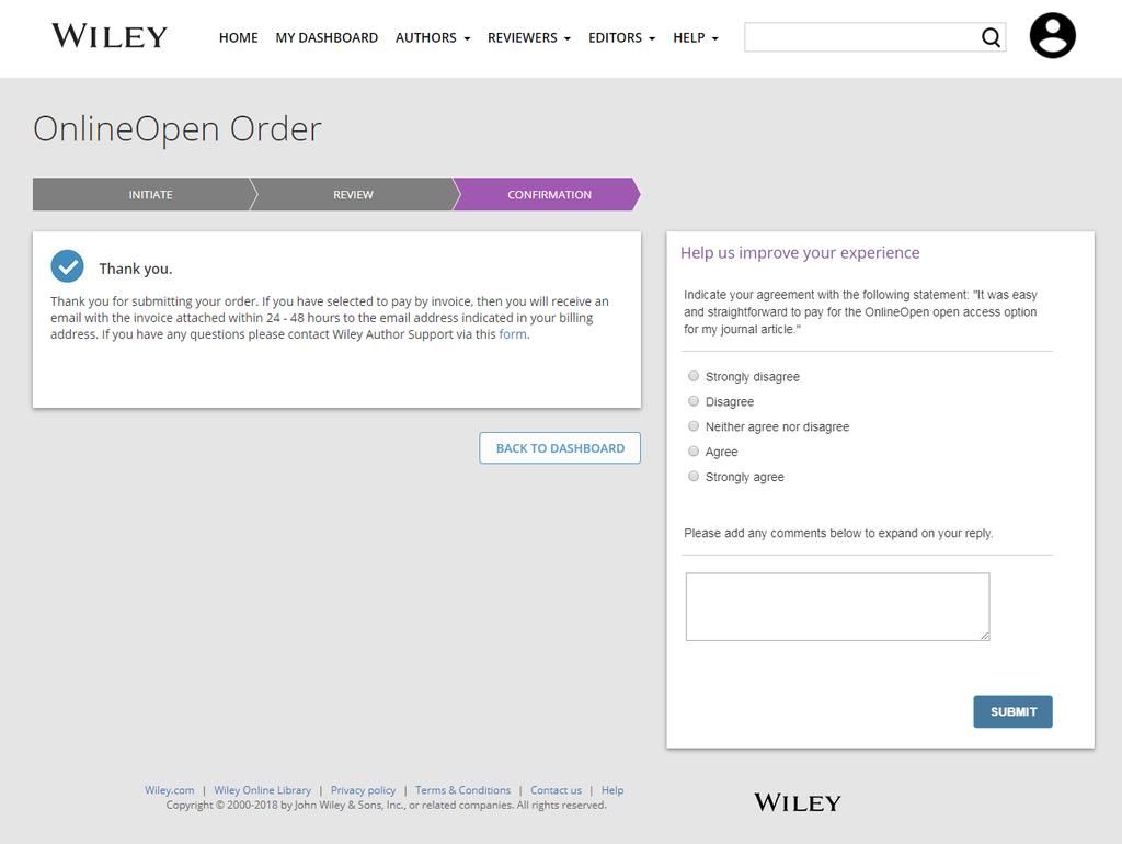 OnlineOpen Form 15. OnlineOpen Confirmation Author is presented with OnlineOpen confirmation screen.