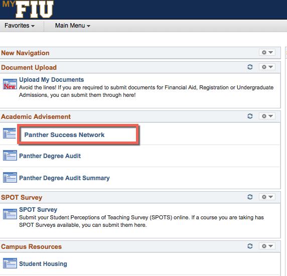 You will be redirected to the Panther Success Network website. Log in using your FIU username and password.