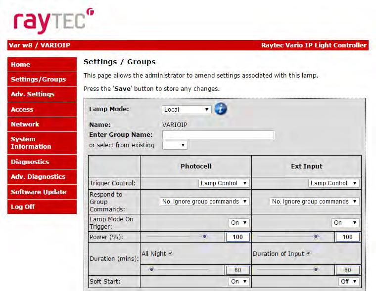 Settings / Groups This page is used to configure the operation of the lamp based on Photocell and / or External Inputs, configure the lamp to operate in Local, VMS or HTTP mode, assign the lamp to a