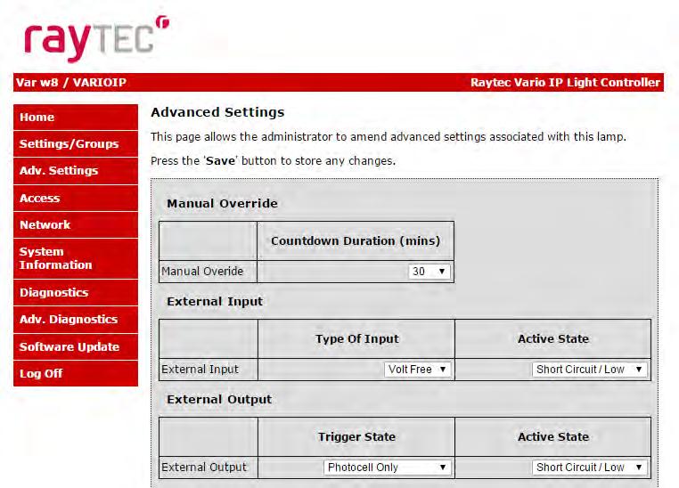 Advanced Settings This page is used to further configure the operation of the lamp based on more detailed requirements of