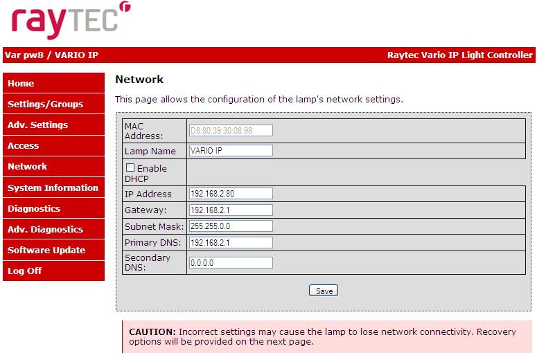 Network This page allows the configuration of the lamp s network settings and to create a name for individual lamps.