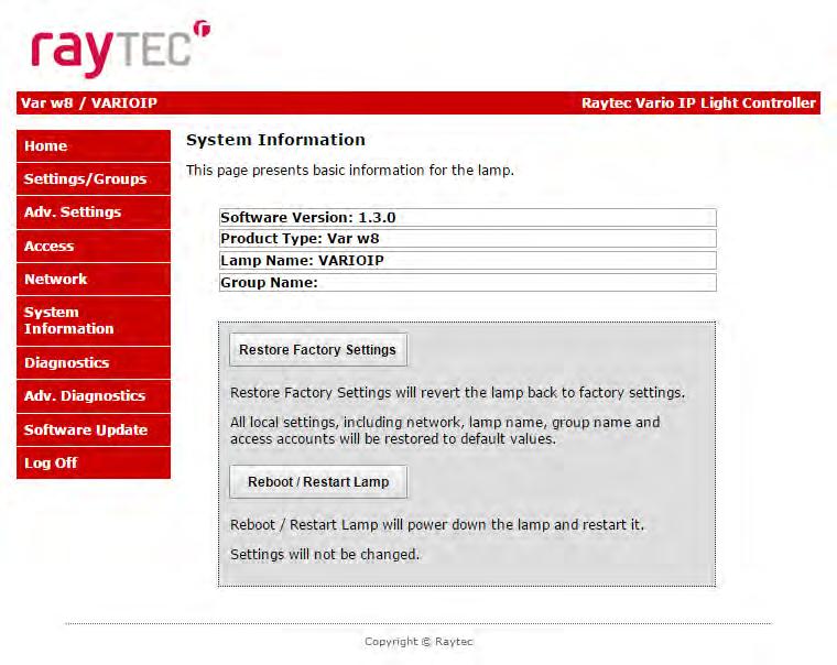 System Information This page shows basic information about the lamp including software version, product type, lamp name and group name. This is for information only and cannot be altered on this page.