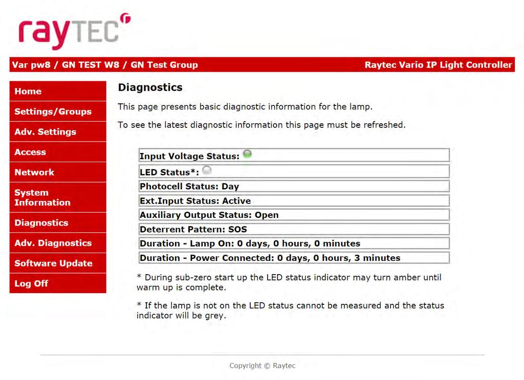 Diagnostics This page is useful for first level troubleshooting and displays basic diagnostics and information of the lamp as follows: Input Voltage Status green LED indicates if Input Voltage