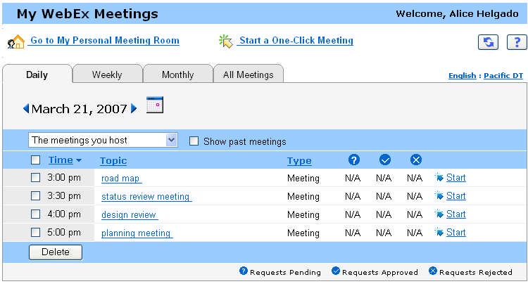 Chapter 20: Using My WebEx 2 Click one of the tabs to navigate to different views of the My Meetings page: You can choose Daily, Weekly, Monthly, or All Meetings. 3 Optional.