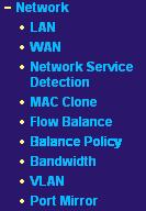 5.4 Network Figure 5-2 Network menu There are nine submenus under the Network menu (shown in figure 5-2): LAN, WAN, Network Service Detection, MAC Clone, Flow Balance, Balance Policy, Bandwidth, VLAN