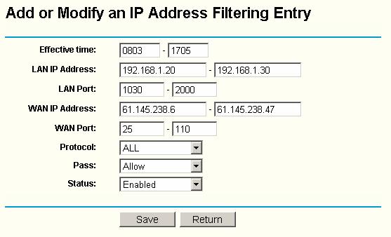 To disable the IP Address Filtering feature, keep the default setting, Disabled.