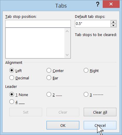 window you can change the position of the default stops: You can also select the type of alignment
