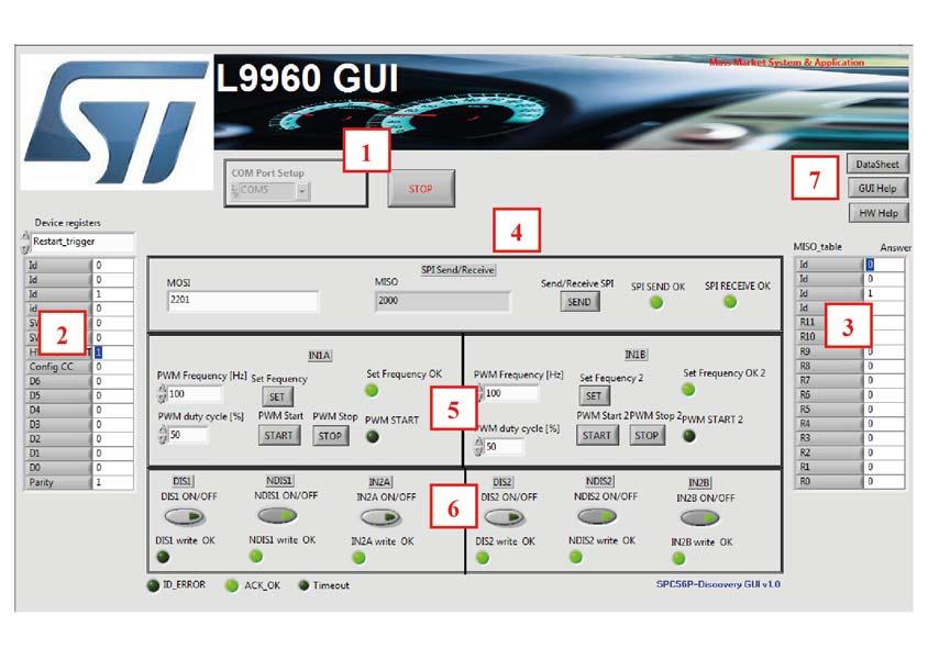 Graphical User Interface description UM2165 1 Graphical User Interface description The SW-L9960, STSW-L9960T GUI includes the fields highlighted in Figure 1: Figure 1.