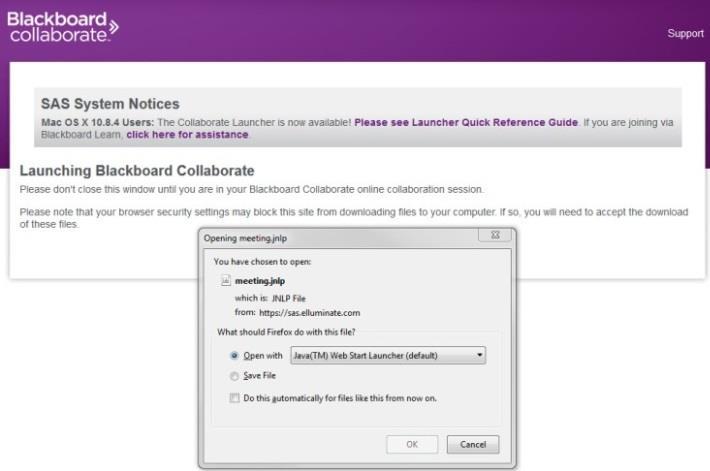 6) The Launching Blackboard Collaborate page will open and you will be prompted to open a file (see