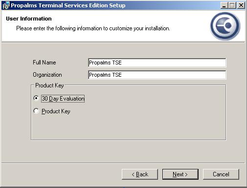 Local Server Install Install the Database 4. Enter your user information and select a Product Key option. Install the Database Propalms TSE 6.