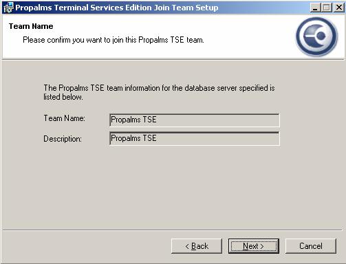 6. The Propalms TSE database server team information will then be