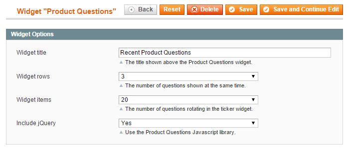 In the Widget Options tab you can: Enter a widget title which will be shown at the top of the Product Questions widget.