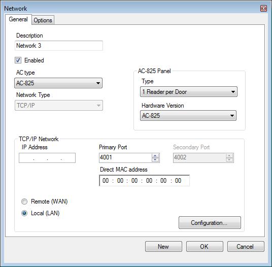 Setting Up a Site 5.3.2 AC-825IP Panel To add a network for an AC-825IP panel: 1. In the Tree view, select Networks. 2. On the toolbar, click the icon. The Network window opens. 3.
