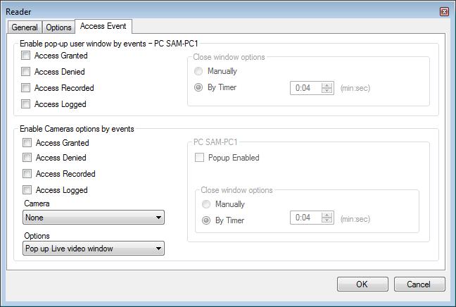 Setting Up a Site 5.7.3 Access Event The Access Even tab in the Reader window defines the alerts pop-up windows behavior on the local PC.