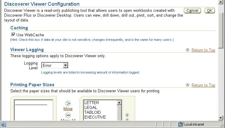 How to use Discoverer Viewer with OracleAS Web Cache 3. Select the Caching link to display the Caching area. 4. Select the Use WebCache check box. 5. Click OK.