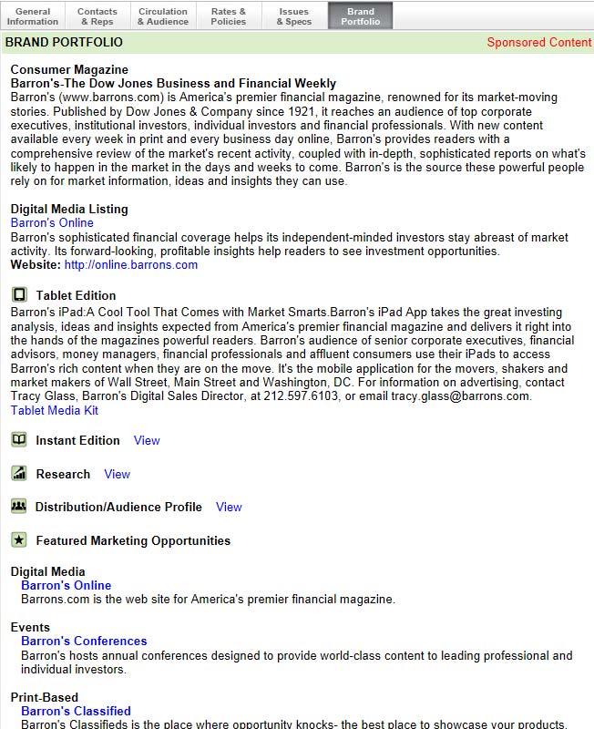 Brand Portfolio Tab The Brand Portfolio tab will open a page with information provided by the publication.