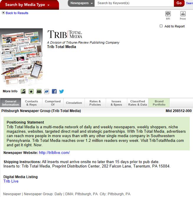 Newspaper Media Page When you select a publication from the Newspaper Media database the media will be opened using the Newspaper Media page. This page lists the publication name and publisher.